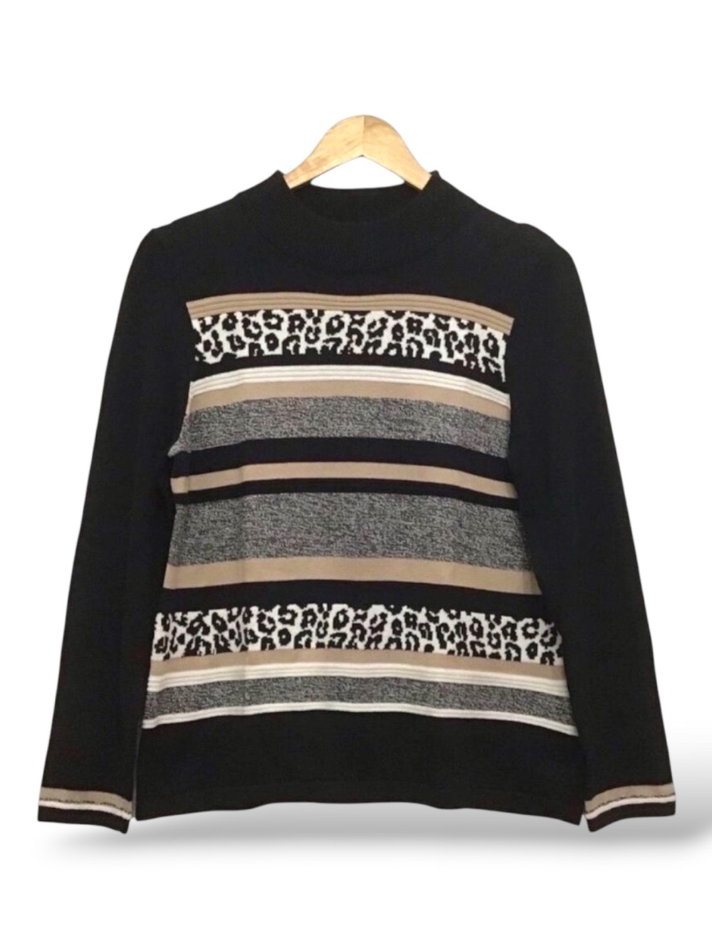 𝅺alia petite knit sweater cotton blend black ecru beige animal pattern medium